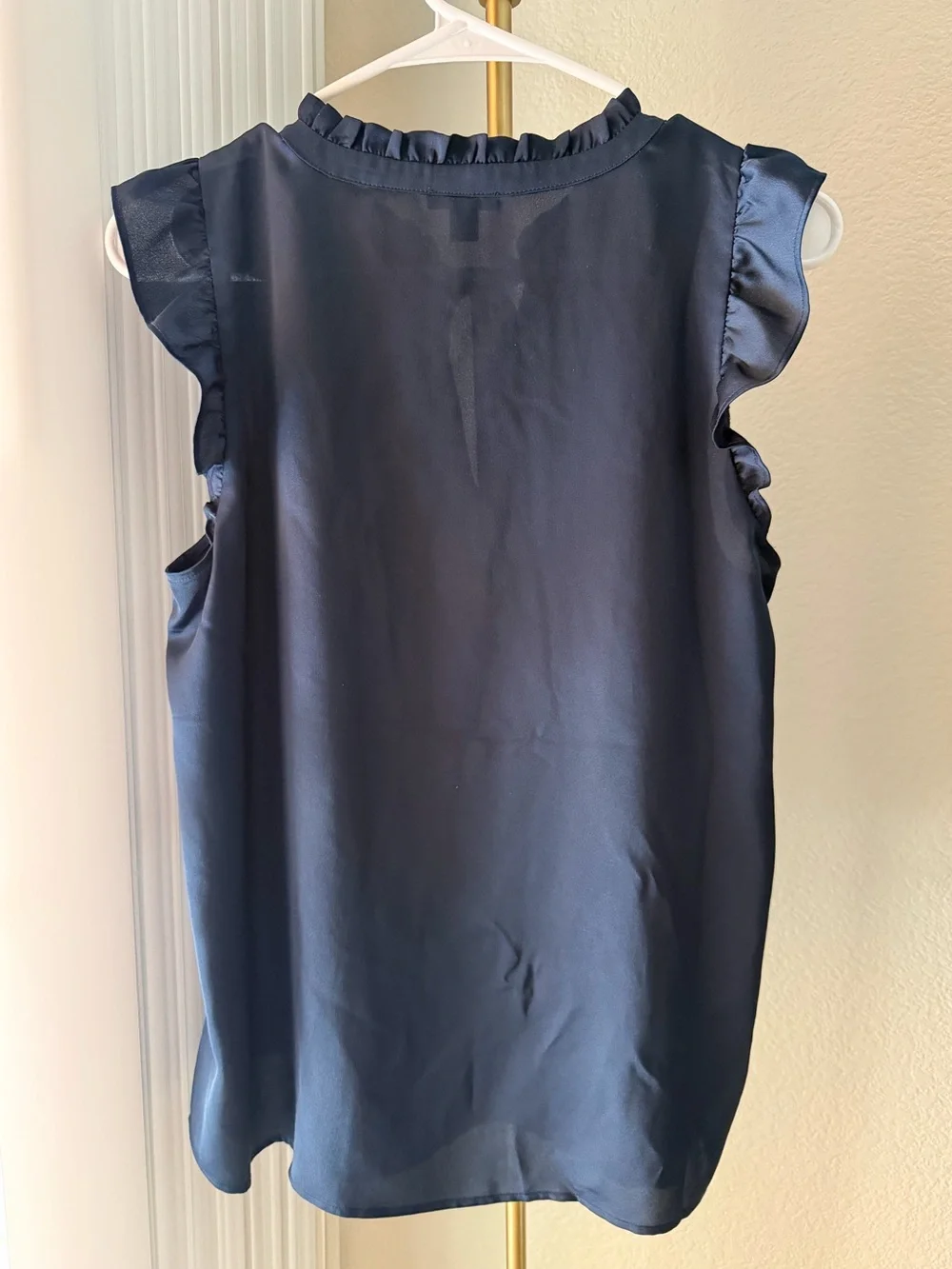 Ann Taylor Navy Ruffle Tie-Neck Sleeveless Blouse, Size Medium - Picture 2 of 4